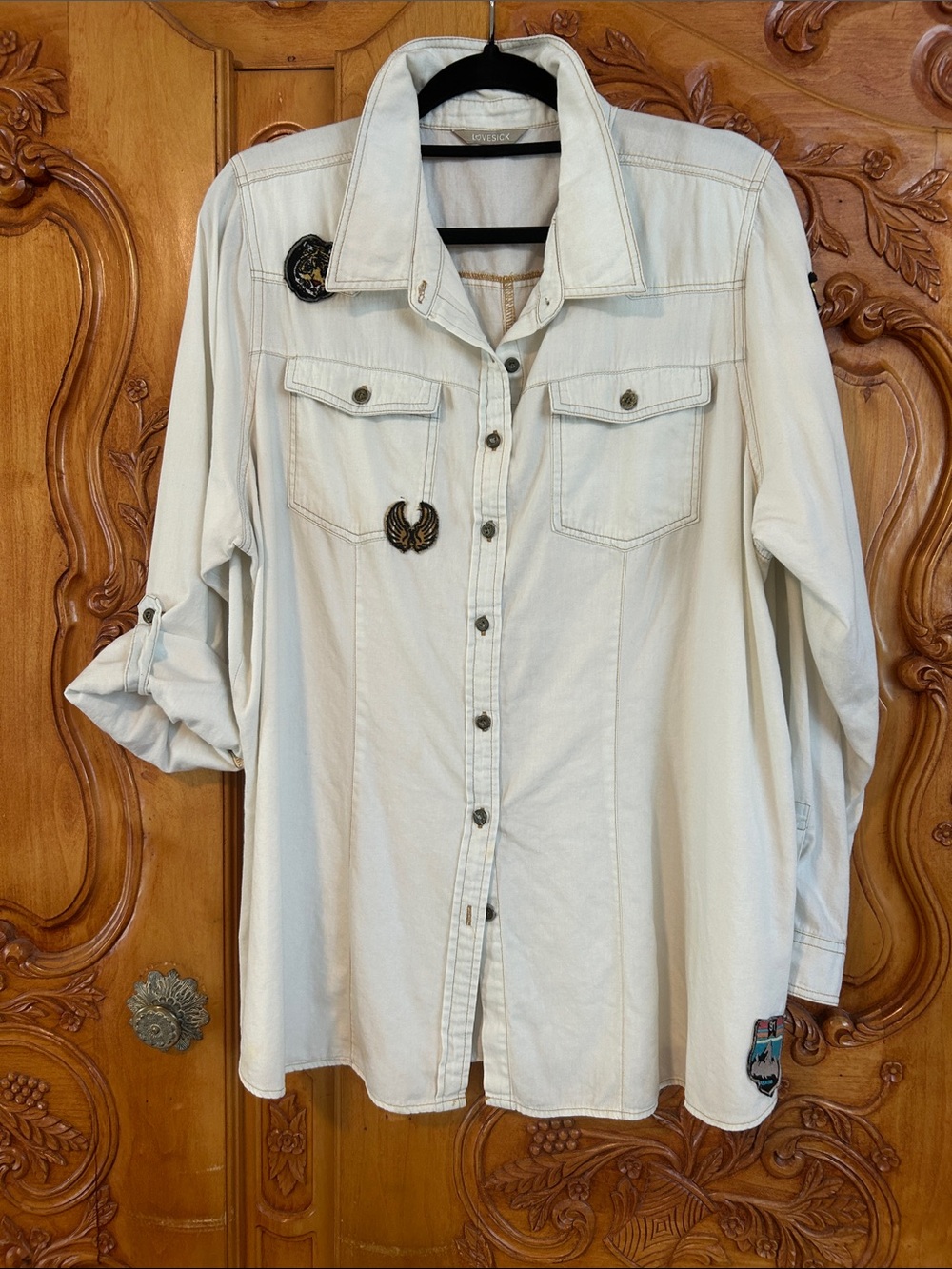 Light Wash Button-Front 100% Cotton Shirt with Decorative Patches